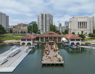 Lake Merritt boathouse and Oakland skyline