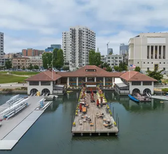 Lake Merritt boathouse and Oakland skyline