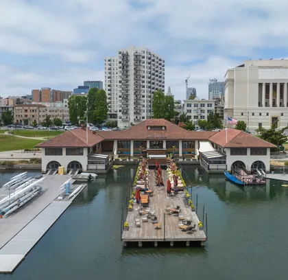 Lake Merritt boathouse and Oakland skyline